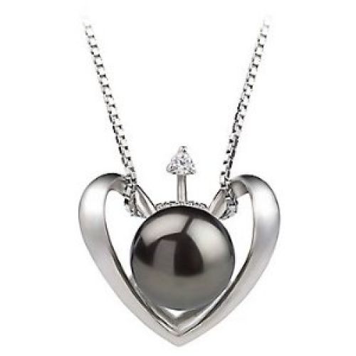 PearlsOnly Heart Black 9-10mm AA Freshwater Sterling Silver Pearl Pendant