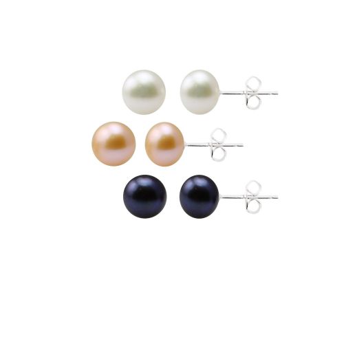 White Peacock and Pink Freshwater Cultured Pearl Button 3 Pair Stud Earrings Set with Sterling Silver Posts and Backs (8-8.5mm)