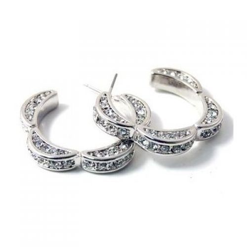 Trendy Three Sided Scalloped Edges Hoop Earrings with Sparkling Clear Austrian Crystals