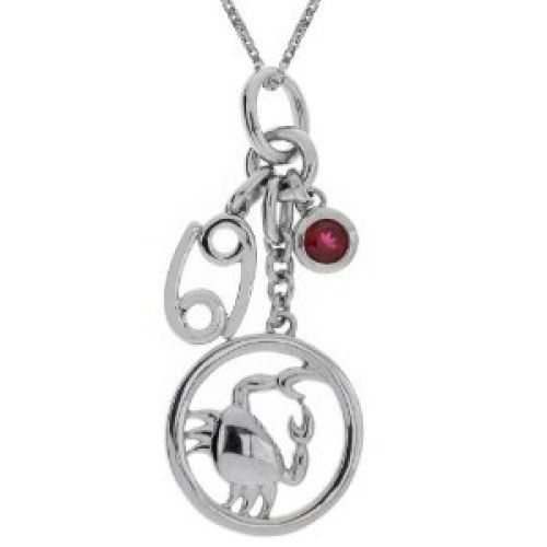 Sterling Silver Created Ruby Multi-Charm Cancer Pendant, 18"