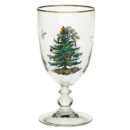 Spode Christmas Tree 16-Ounce Pedestal Goblets with Gold Rims, Set of 4