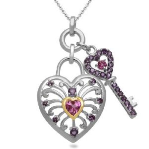 Sterling Silver Created Pink Sapphire and Amethyst Heart and Key Pendant Necklace, 18"