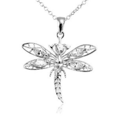 Sterling Silver Cubic Zirconia Dragonfly Pendant, 18"