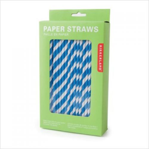 Kikkerland Biodegradable Paper Straws, Blue and White Striped, Box of 144