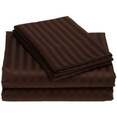 Woven Stripe 300-Thread Count 100-Percent Cotton Sateen Queen Sheet Set, Chocolate