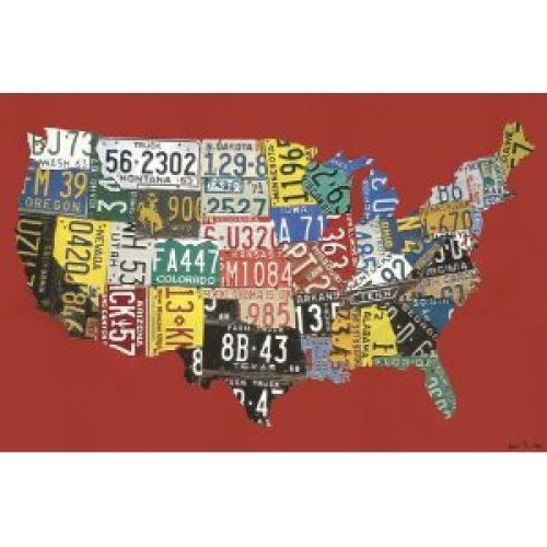 Oopsy daisy Studio Avo License Plate USA Map- Red Stretched Canvas Wall Art by Aaron Foster,