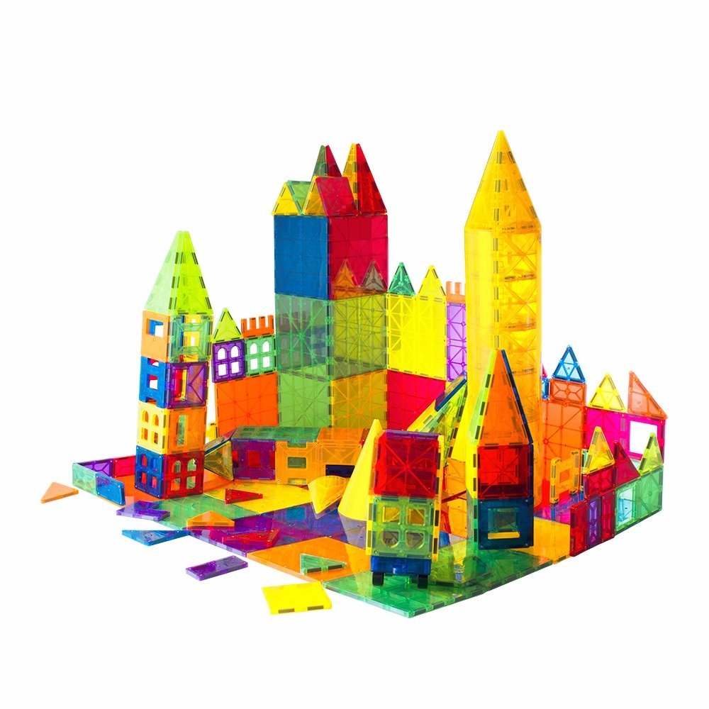 Mag-Genius Award Winning building Magnet Tiles Toy Clear Colors 3D Brain Building Blocks Set With All New Cylinder Design True 3D Building Blocks 141 + 2 bonus Piece Set With Bonus Storage Bin