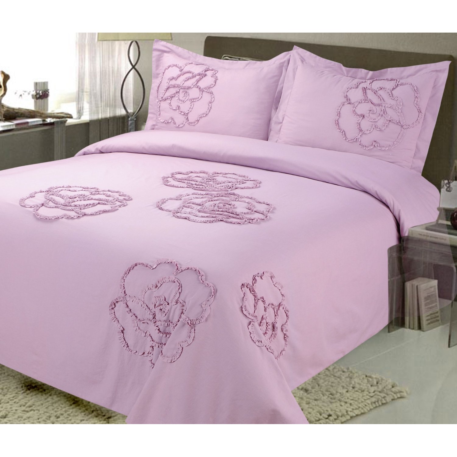 Jenny George Juno 3-Piece Duvet Cover Set with 3 Dimensional Floral Embroidery, Full/Queen