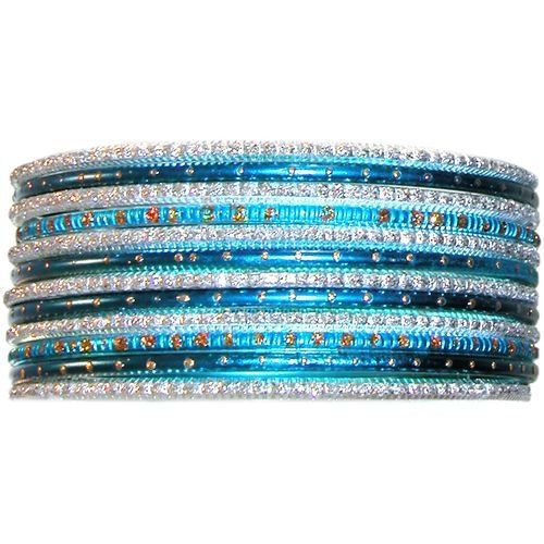 Set Of 12 India Bangles, Glitter And Aluminum, Gorgeous! In Turquoise
