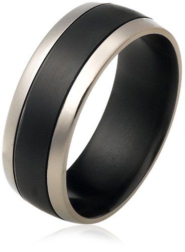 Black Titanium 8mm Wedding Band Ring with Thick Center Stripe, Size 10