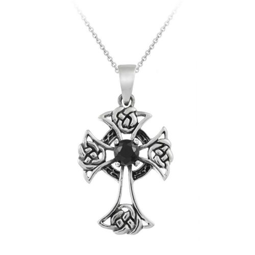 Sterling Silver Black Cubic Zirconia Celtic Cross Pendant, 18"