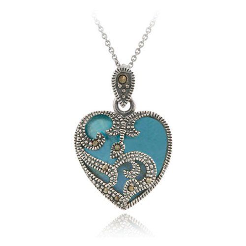 Sterling Silver Marcasite & Turquoise Heart Necklace, 18"