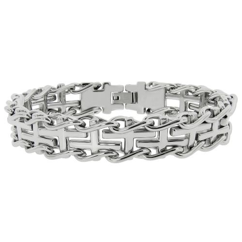 Men's Stainless Steel Railroad with Cross Insets Bracelet, 8.5"