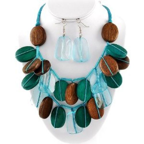 Brown and Teal Wood Necklace Fashion Jewelry