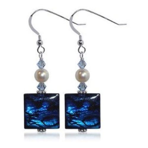 SCER185 Made with Swarovski Elements 4mm Square Abalone Crystal Sterling Silver French Wire 1.5" Dangle Earrings
