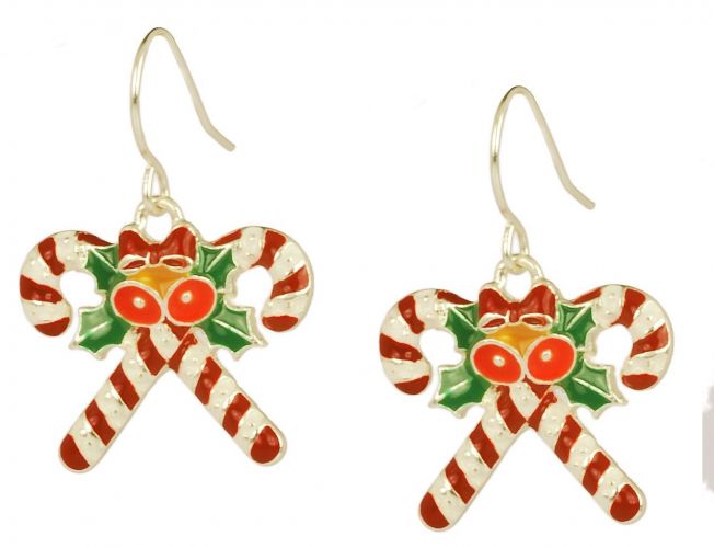 Candy Canes with Bell and Holly Accents Earrings