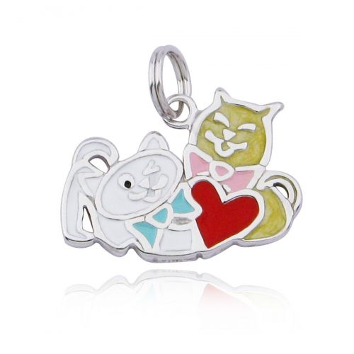 Sterling Silver Two Cats with Heart Charm