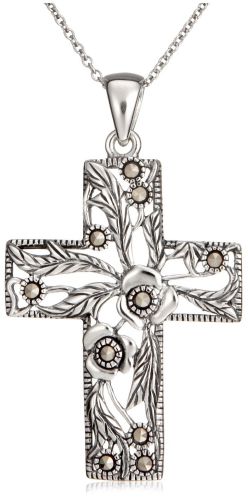Sterling Silver Marcasite Floral Cross Pendant, 18"