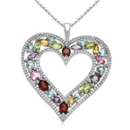 Sterling Silver and Round Multi-Gemstone Diamond Heart Pendant Necklace, 18"