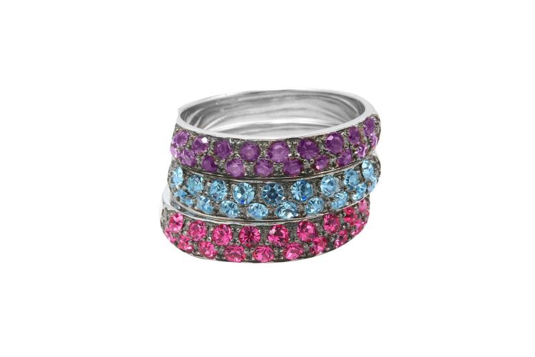 Sterling Silver Three Color Swarovski Crystal Stacking Rings, Size 8