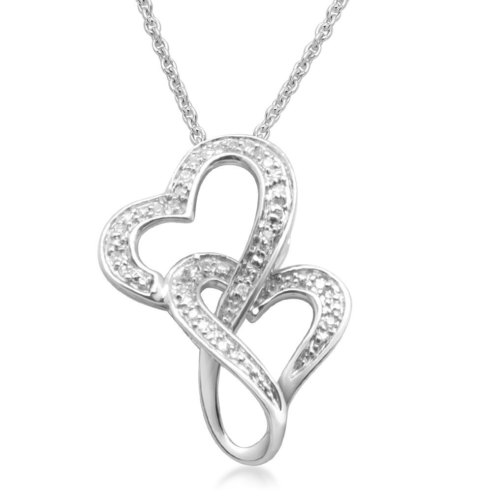 Sterling Silver Double Interlocked Heart Pendant Necklace (0.07 cttw, I-J Color, I3 Clarity), 18"