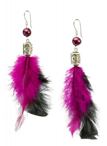 Purple Feathers with Silver Tone Flower Motif Accent and Purple Pearl Earrings