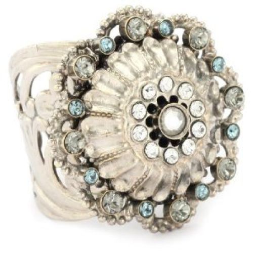 Sorrelli "Pewter" Crystal Flower Adjustable Silver-Tone Ring