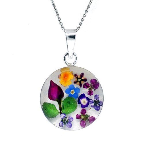 Sterling Silver Pressed Flower Round Pendant, 16"