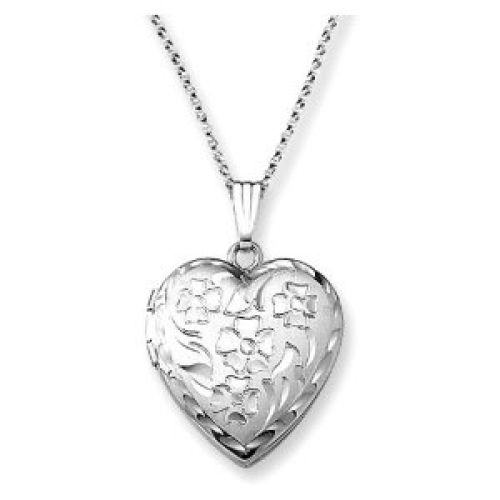 Sterling Silver Engraved Flowers Heart Locket Pendant, 18"