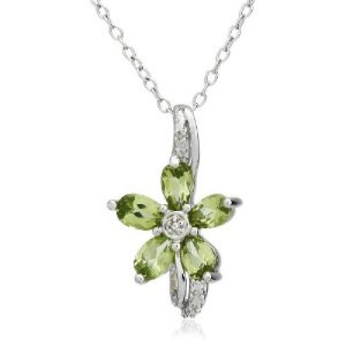 Sterling Silver Peridot and Diamond Accent Flower Pendant, 18"