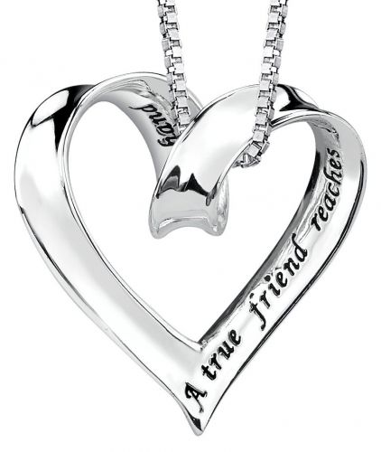 Sterling Silver "A True Friend Reaches For Your Hand But Touches Your Heart" Ribbon Heart Pendant, 18"