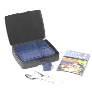 Laptop Lunch Bento Set 2.0 with Black Outer Container, 5-Inner Blue Containers, Utensils
