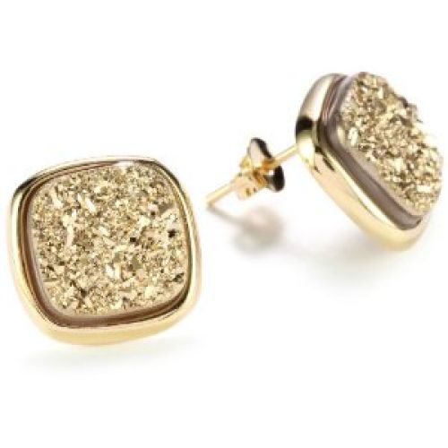 Marcia Moran Gold Druzy Stone Square Shape 18k Gold-Plated Earrings