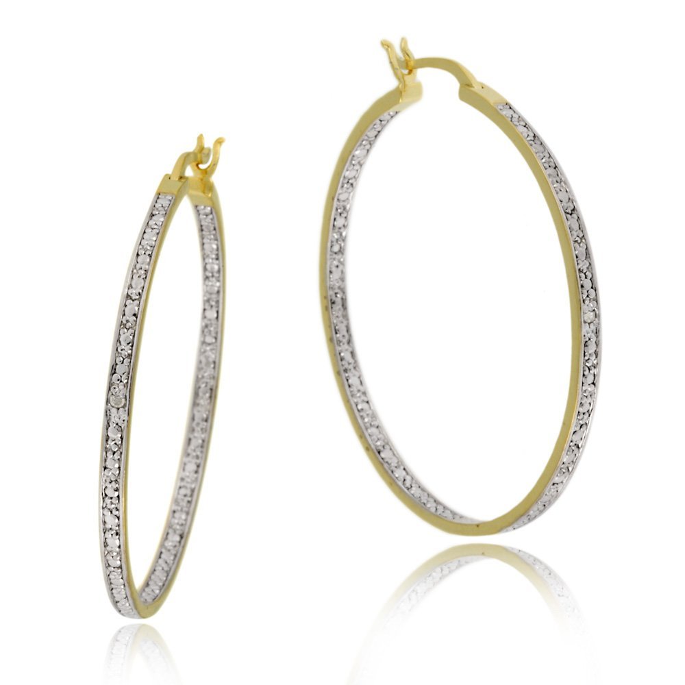 18k Yellow Gold Plated Sterling Silver Diamond-Accent Hoop Earrings (1.6" Diameter)