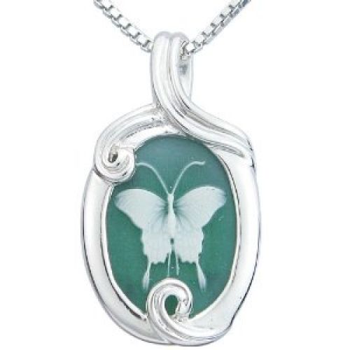 Sterling Silver Green Agate Butterfly Cameo Pendant, 18"