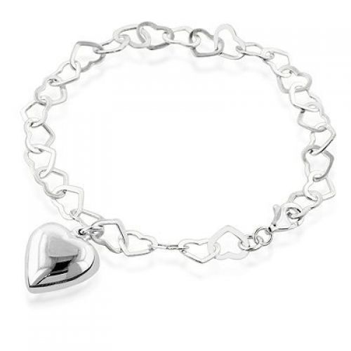 Sterling Silver Heart Link Bracelet with Puffed Heart Charm 7.5"