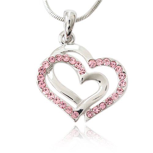 Pink Crystal Double Heart Charm Pendant Necklace