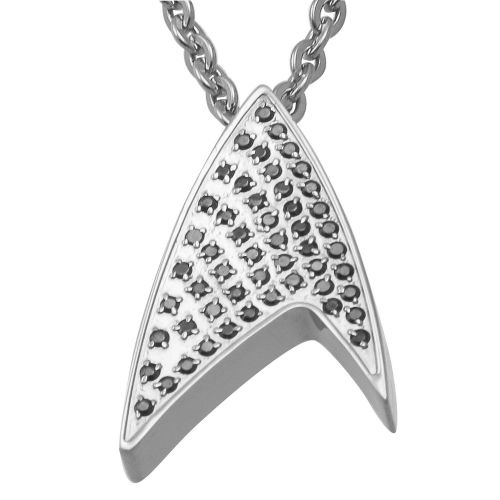 Star Trek Stainless Steel Starfleet Black Crystal Pendant Necklace, 24"