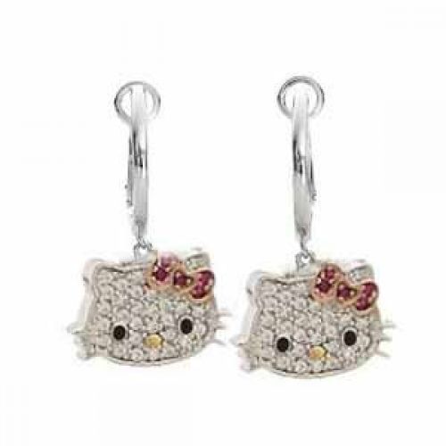 Silver Plated Hello Kitty Cz Diamond Hoop Earrings with Pink Bow