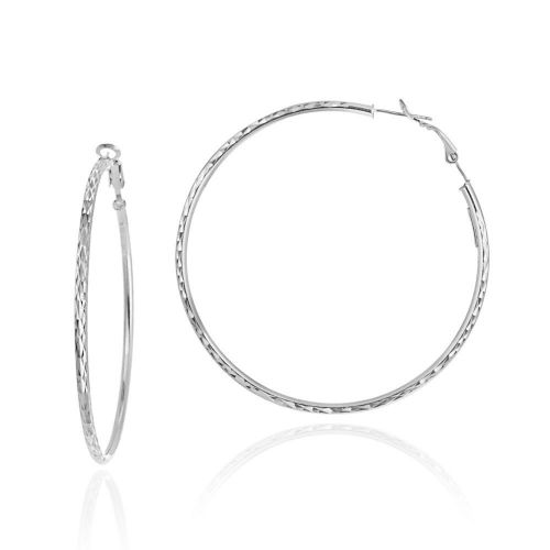 Sterling Silver Tarnish-Free 2.5x60 Diamond-Cut Clutchless Hoop Earrings