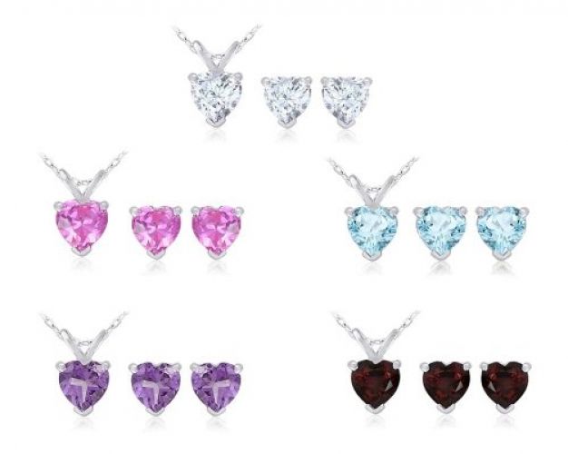 Sterling Silver Amethyst, Blue Topaz, Garnet, Created Pink Sapphire and White Topaz Heart-Shaped Pendant and Earrings Individually-Boxed Set, 18"
