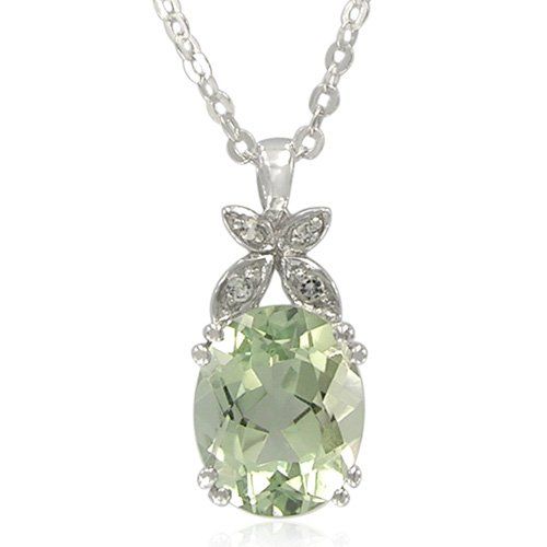 Sterling Silver Oval-Shaped Green Amethyst with White Topaz Accent Pendant, 18.5"