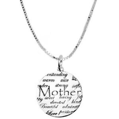 Sterling Silver "Mom, Understanding, Warm, Wise, Strong, Loving, Sweet, Devoted, Beautiful, I Love You" Circle Graffiti Pendant, 18"