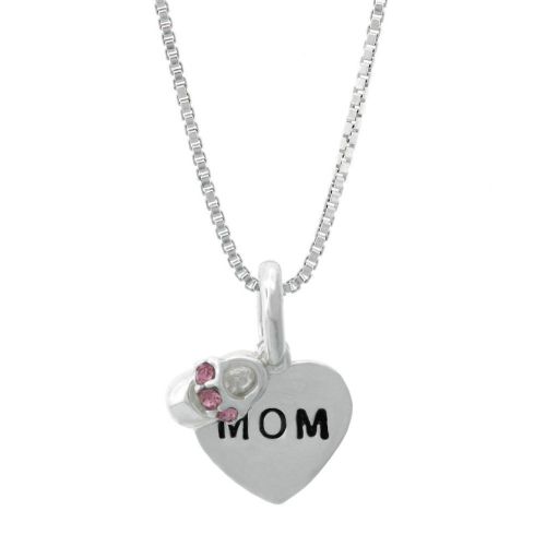 Sterling Silver "Mom" Heart with Pink Crystal Bootie Pendant, 18"