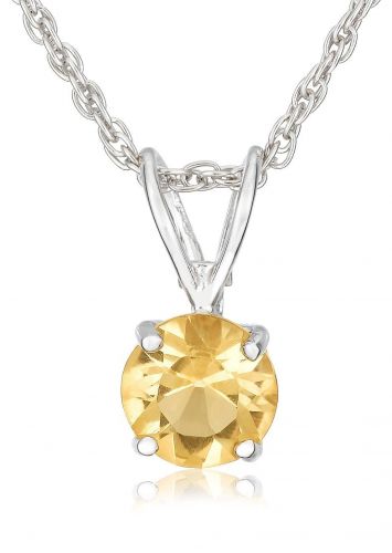 Sterling Silver 6mm Round Citrine Pendant with Light Rope Chain Necklace, 18"
