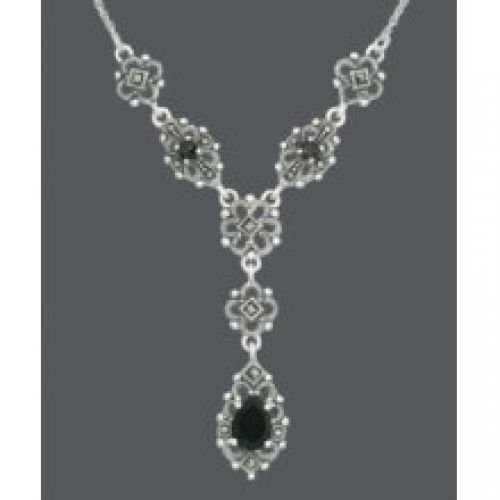 Genevieve & Grace Sterling Silver Necklace, Onyx (3-8 mm) and Marcasite Filigree Teardrop Necklace
