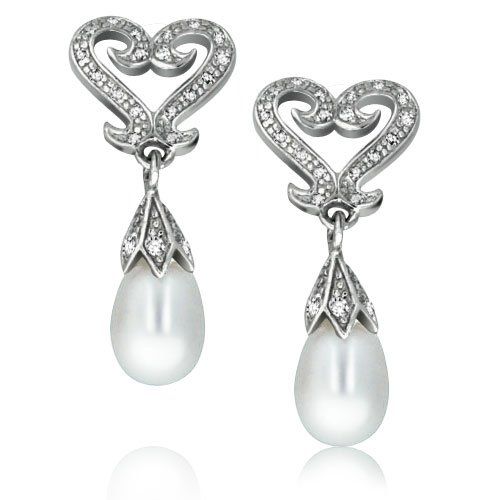 Bling Jewelry Sterling Silver CZ Dangling Pearl Fertility Omega Earrings