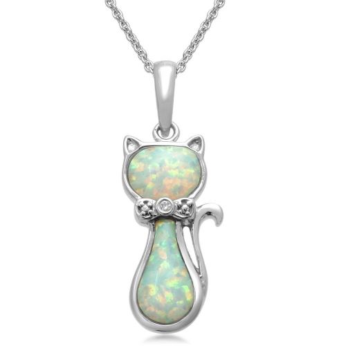 Sterling Silver and Simulated Opal Cat Pendant,18"