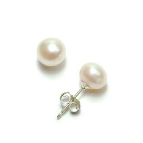 Sterling Silver White Freshwater Cultured Pearl Button Stud Earrings (6.5x7mm)
