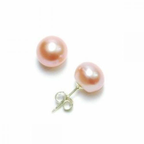Sterling Silver 8x8.5mm Pink Freshwater Cultured Pearl Button Stud Earrings